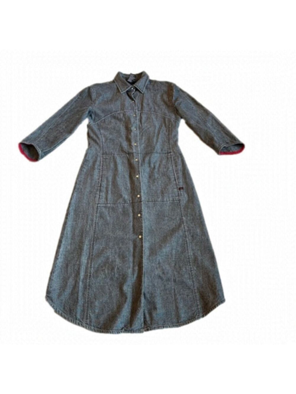 Midi Denim Shirt Dress Faded Black Jean Dress Red Trim Snap Buttons TRISTAN, M